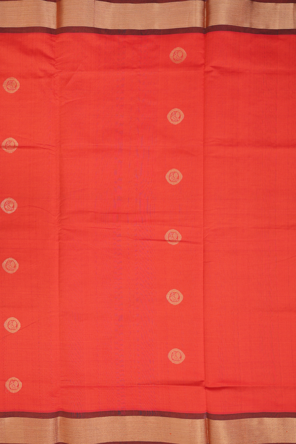 Semi Silk Cotton Saree In Spiced Orange With Peacock Buttas