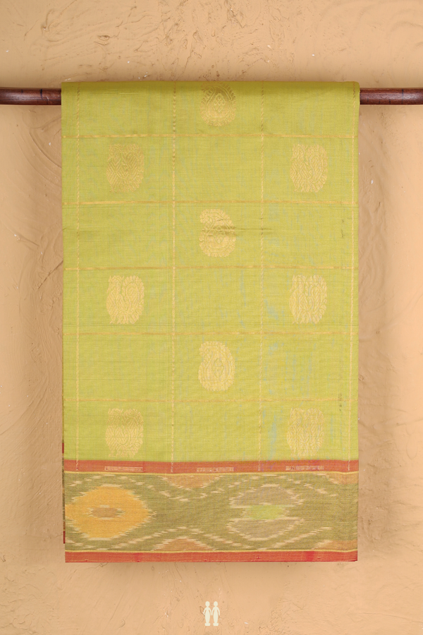 Semi Silk Cotton Saree In Yellowish Green With Checks Design