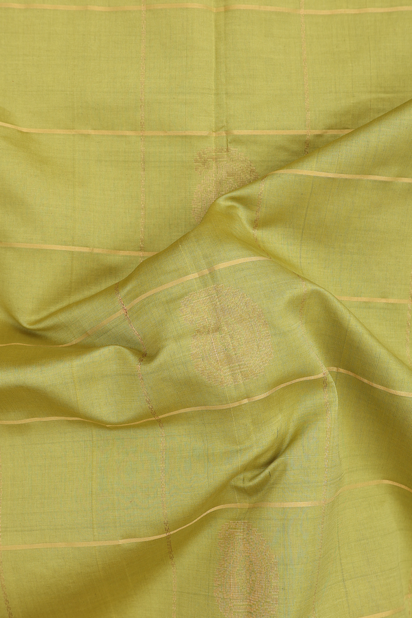 Semi Silk Cotton Saree In Yellowish Green With Checks Design