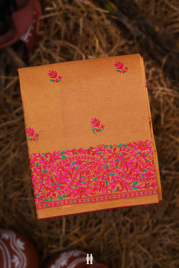 Semi Tussar Silk Saree In Caramel Brown With Embroidery Motif