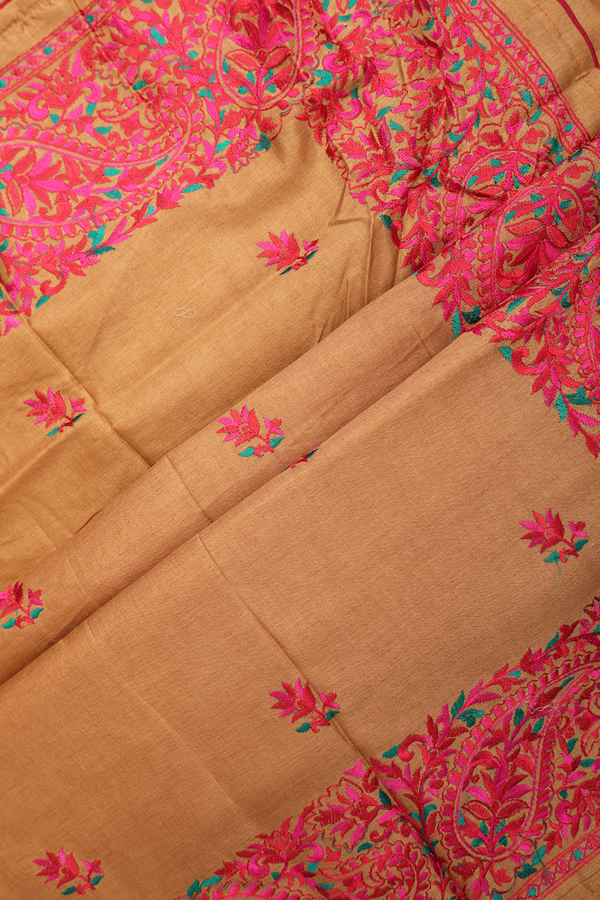 Semi Tussar Silk Saree In Caramel Brown With Embroidery Motif