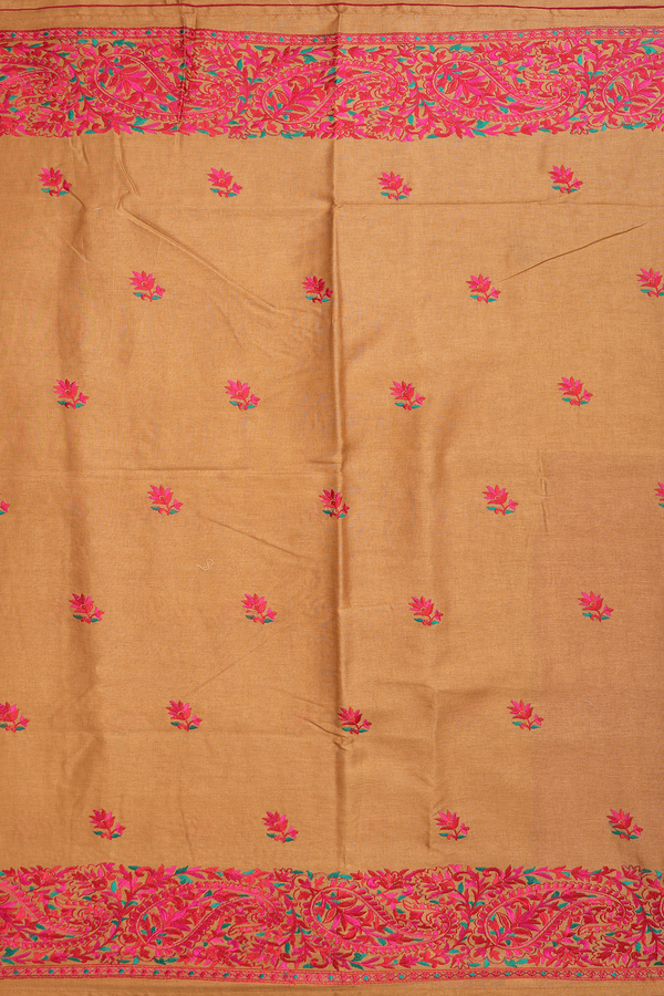 Semi Tussar Silk Saree In Caramel Brown With Embroidery Motif