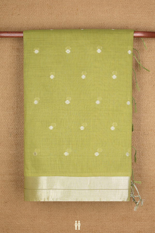 Semi Tussar Silk Saree In Olive Green With Zari Buttas