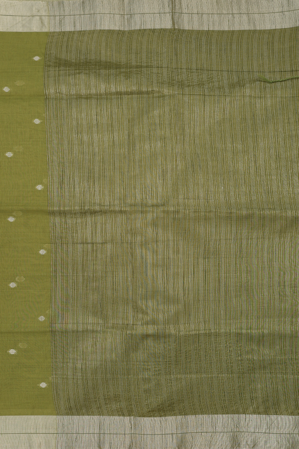 Semi Tussar Silk Saree In Olive Green With Zari Buttas