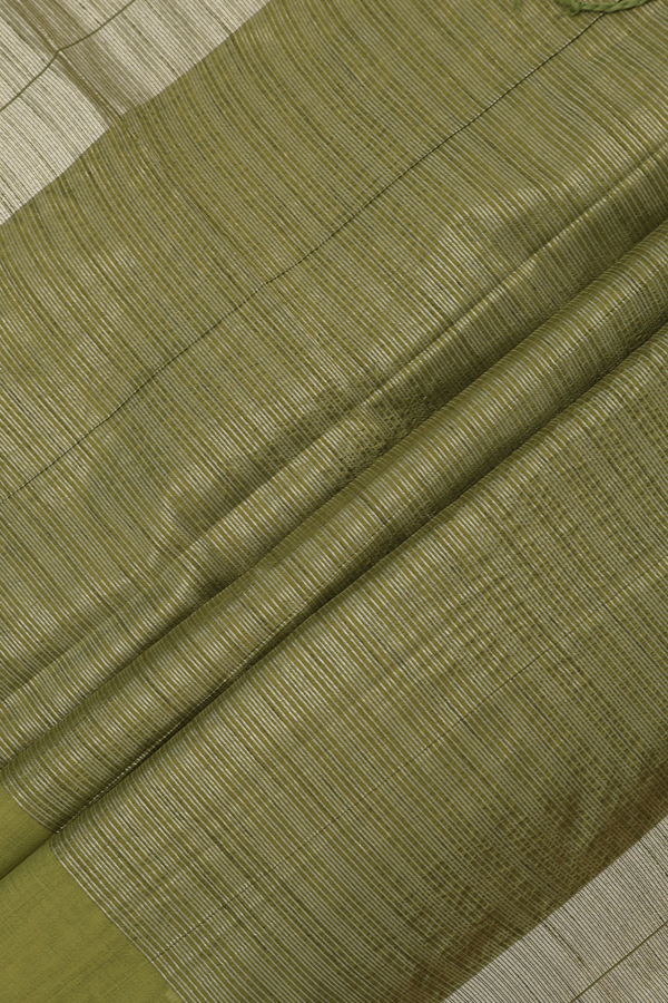 Semi Tussar Silk Saree In Olive Green With Zari Buttas