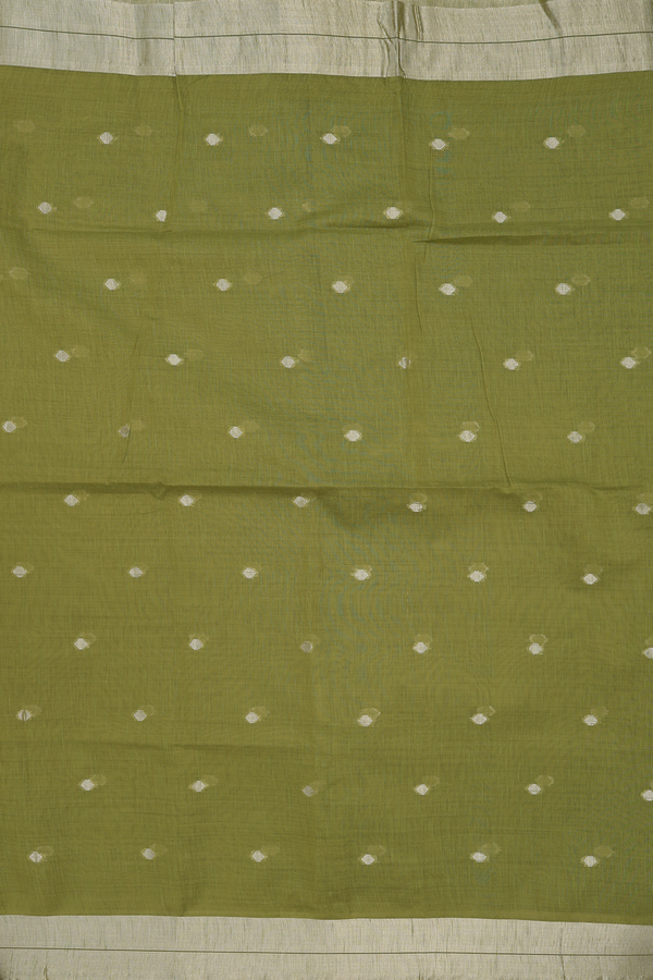Semi Tussar Silk Saree In Olive Green With Zari Buttas