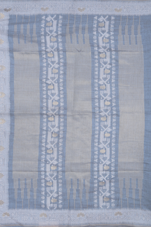 Semi Tussar Silk Saree In Stone Blue With Threadwork Buttas