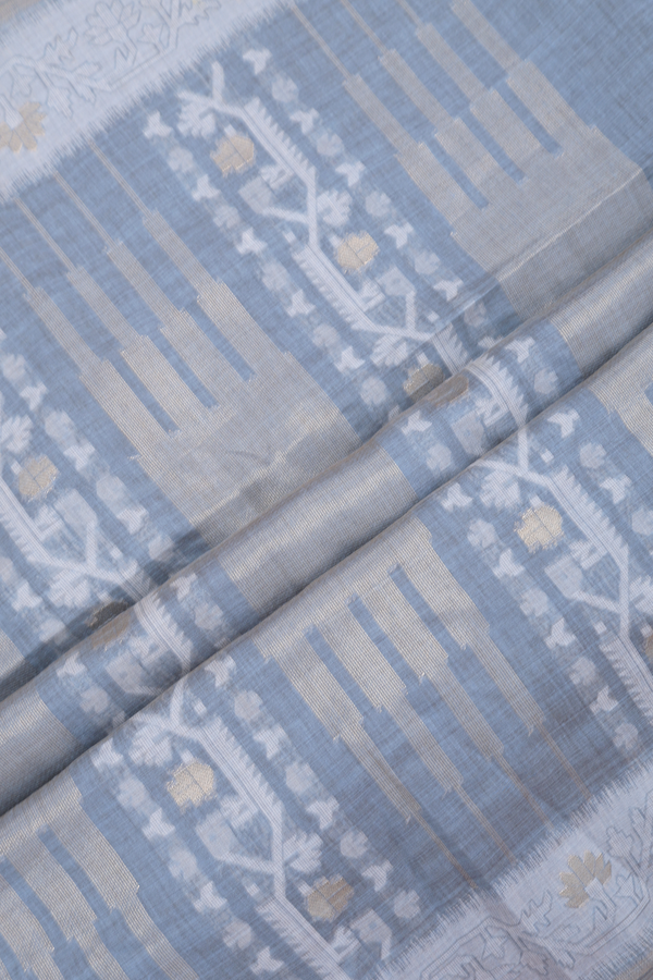 Semi Tussar Silk Saree In Stone Blue With Threadwork Buttas