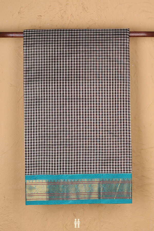 Silk Cotton Saree In Black And White With Checks Design