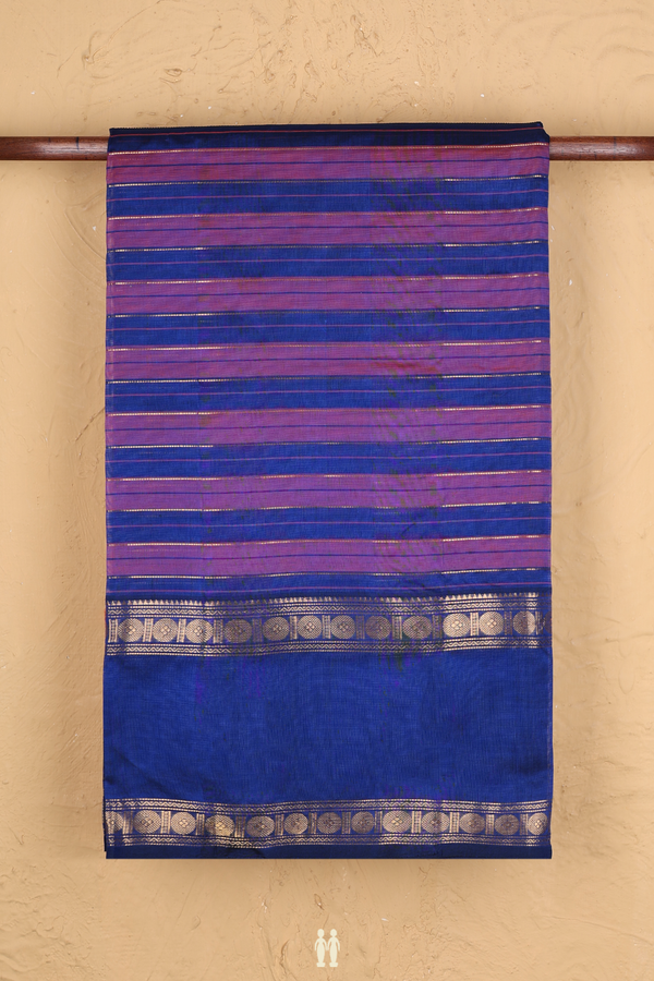 Silk Cotton Saree In Blue And Orange With Stripes Design