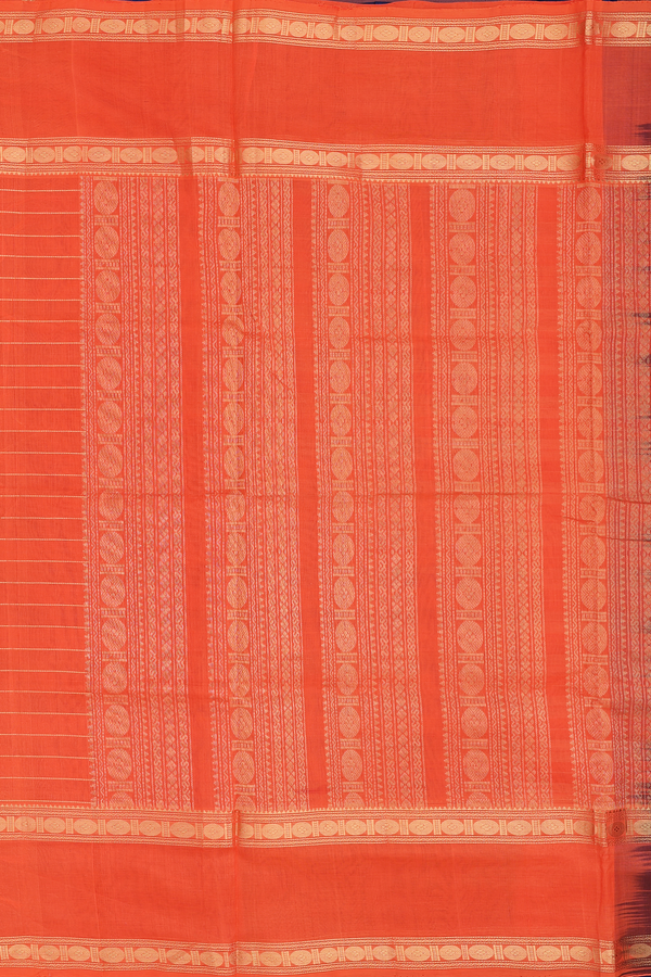 Silk Cotton Saree In Blue And Orange With Stripes Design