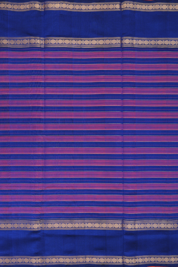 Silk Cotton Saree In Blue And Orange With Stripes Design