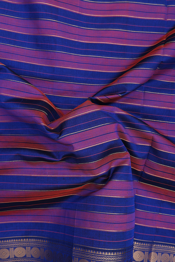 Silk Cotton Saree In Blue And Orange With Stripes Design