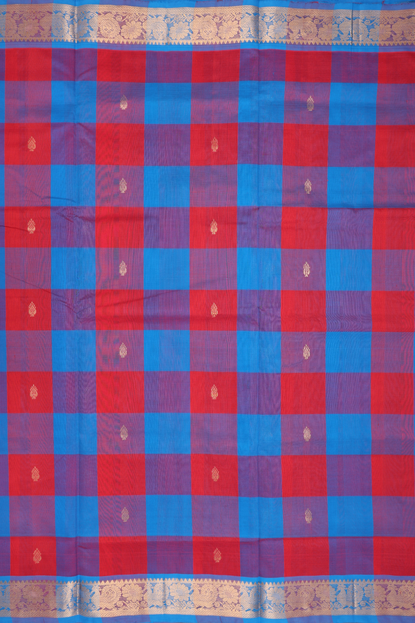 Silk Cotton Saree In Blue And Red With Checks Design