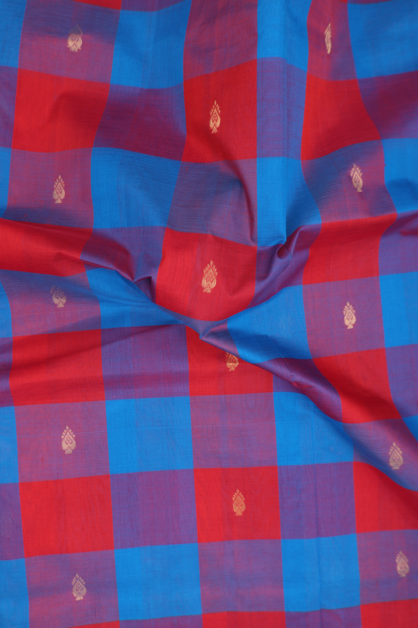 Silk Cotton Saree In Blue And Red With Checks Design