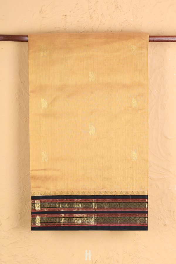 Silk Cotton Saree In Yellowish Beige With Zari Buttas