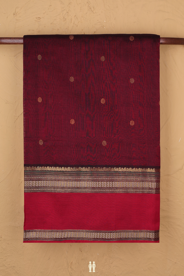 Silk Cotton Saree In Burgundy Red With Threadwork Buttas