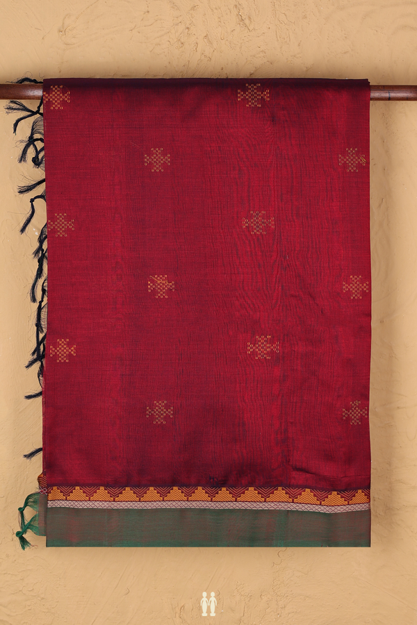 Silk Cotton Saree In Burgundy Red With Threadwork Buttas