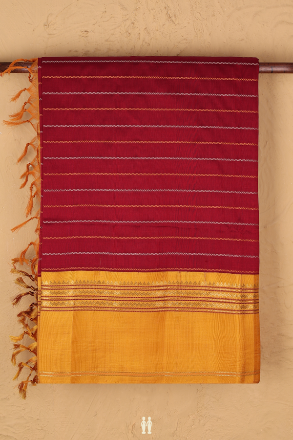 Silk Cotton Saree In Crimson Red With Stripes Design