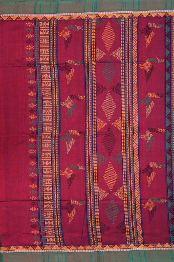 Silk Cotton Saree In Burgundy Red With Threadwork Buttas