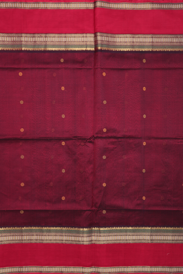 Silk Cotton Saree In Burgundy Red With Threadwork Buttas
