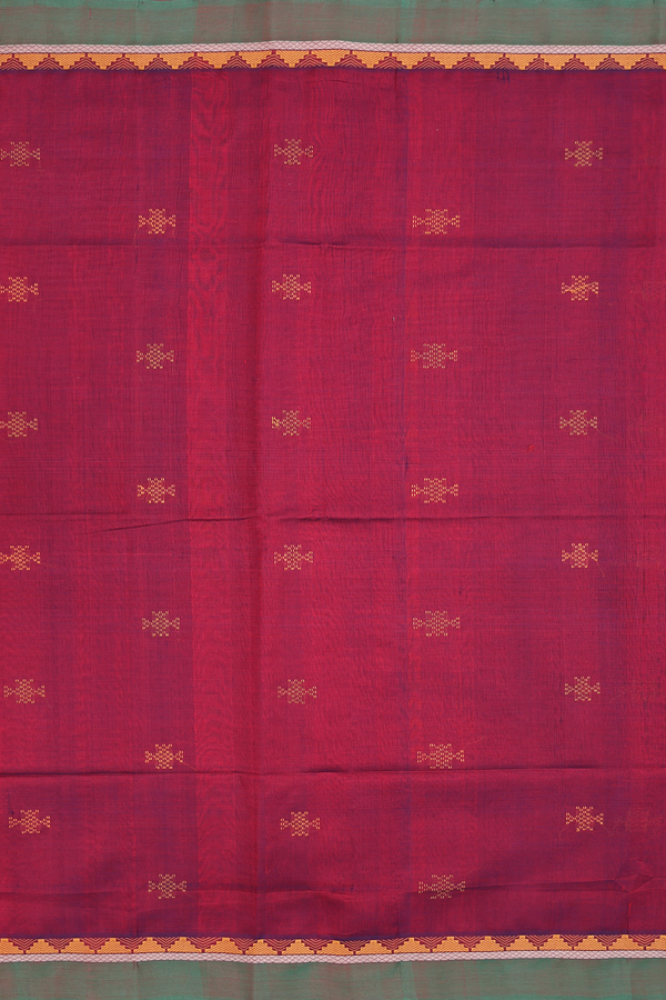 Silk Cotton Saree In Burgundy Red With Threadwork Buttas