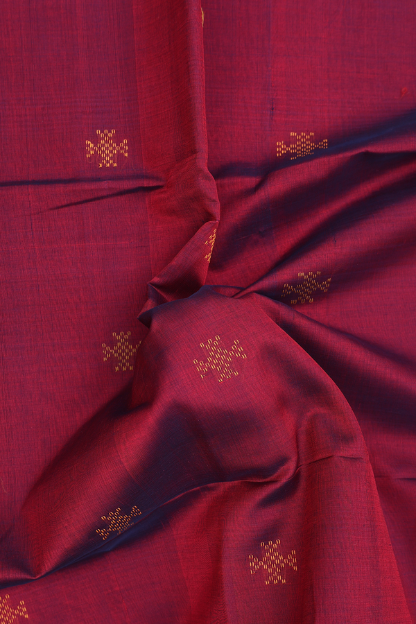 Silk Cotton Saree In Burgundy Red With Threadwork Buttas