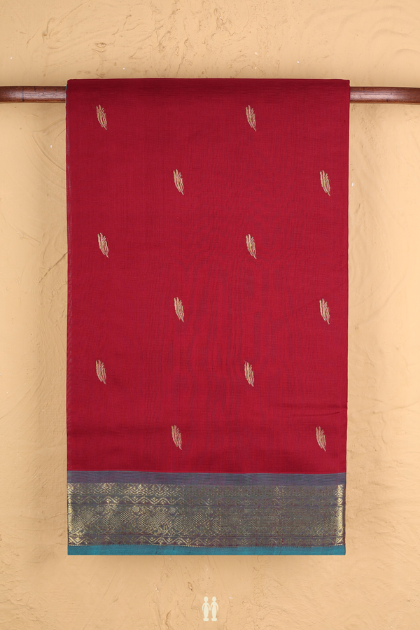 Silk Cotton Saree In Burgundy Red With Zari Buttas