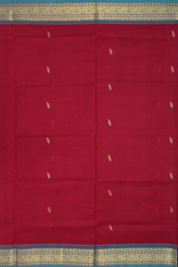 Silk Cotton Saree In Burgundy Red With Zari Buttas