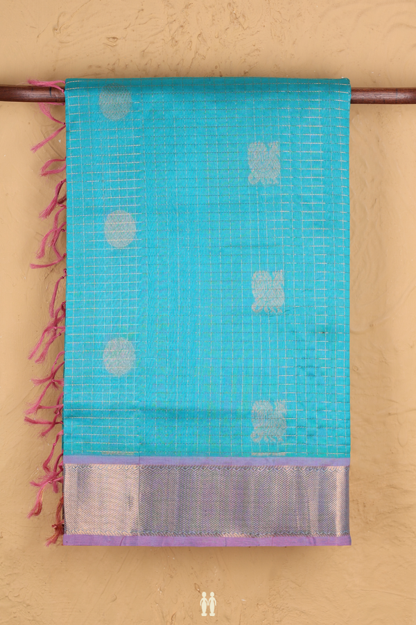 Silk Cotton Saree In Cerulean Blue With Checks Design