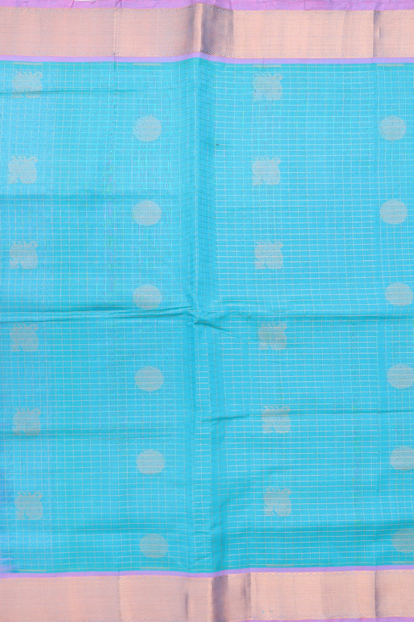 Silk Cotton Saree In Cerulean Blue With Checks Design