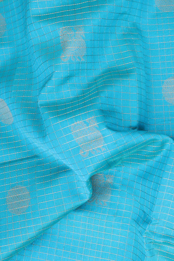 Silk Cotton Saree In Cerulean Blue With Checks Design