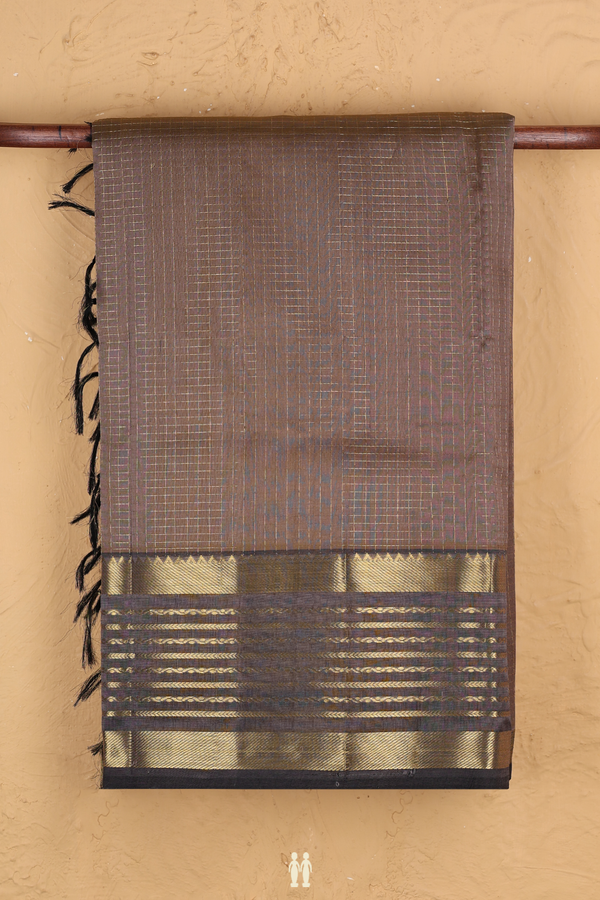 Silk Cotton Saree In Cocoa Brown With Checks Design