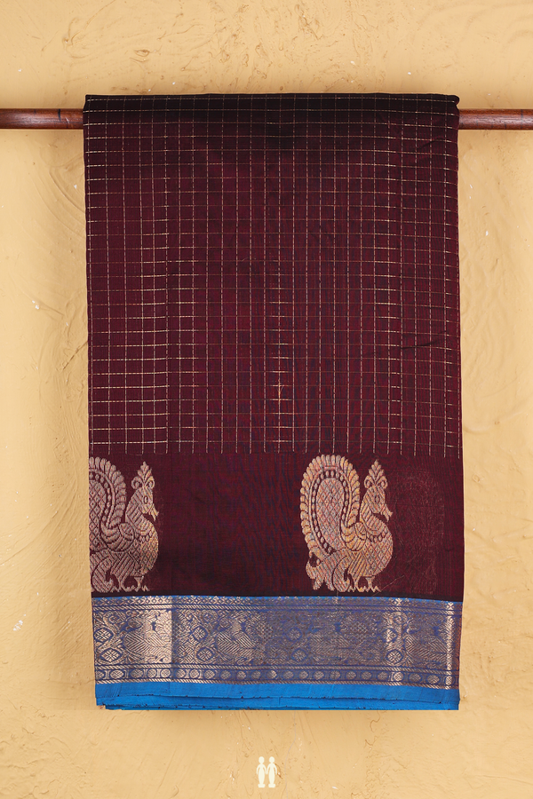 Silk Cotton Saree In Coffee Brown With Checks Design