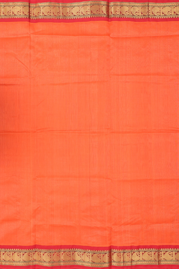 Silk Cotton Saree In Coral Orange With Paisley Border