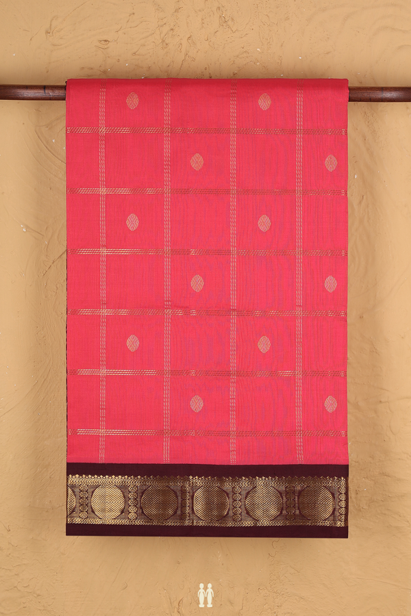 Silk Cotton Saree In Coral Pink With Checks Design
