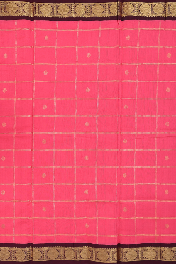 Silk Cotton Saree In Coral Pink With Checks Design