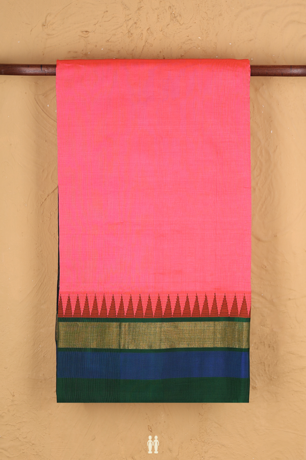 Silk Cotton Saree In Coral Pink With Contrast Border