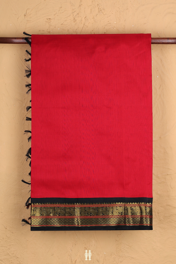 Silk Cotton Saree In Crimson Red With Contrast Border