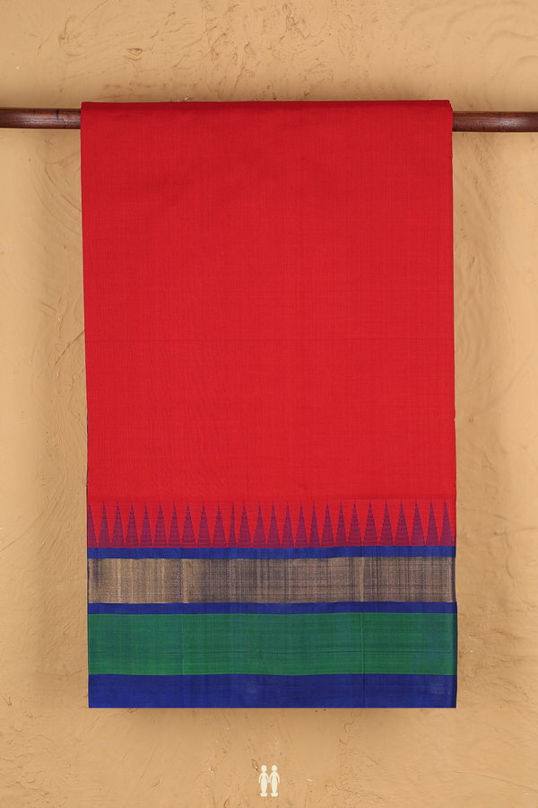 Silk Cotton Saree In Crimson Red With Contrast Border