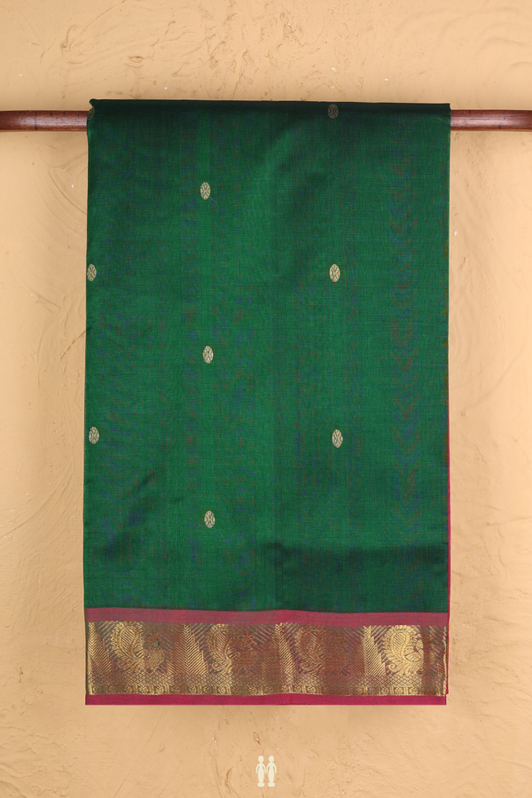 Silk Cotton Saree In Dark Green With Rudraksh Buttas