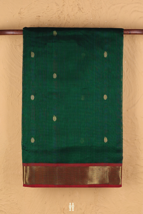 Silk Cotton Saree In Dark Green With Rudraksh Buttas