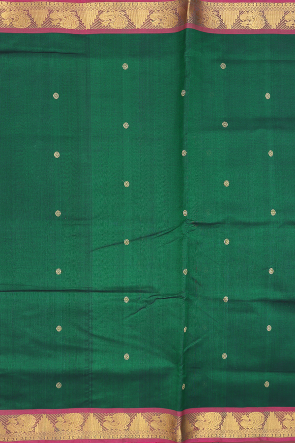 Silk Cotton Saree In Dark Green With Rudraksh Buttas