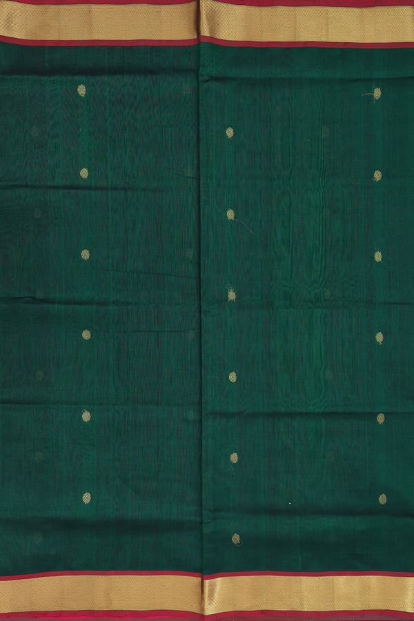 Silk Cotton Saree In Dark Green With Rudraksh Buttas