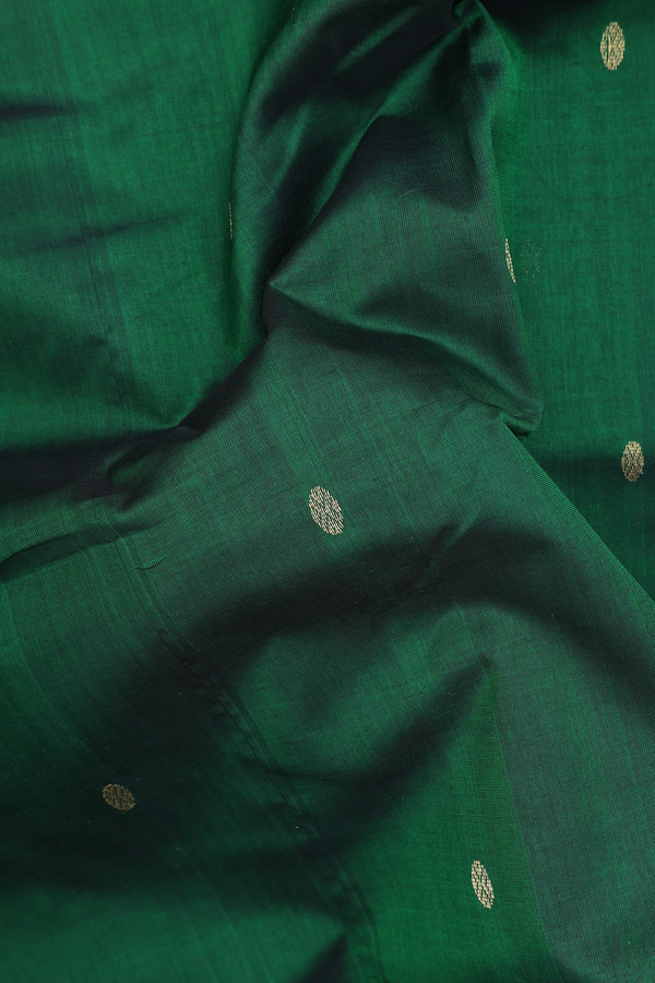 Silk Cotton Saree In Dark Green With Rudraksh Buttas
