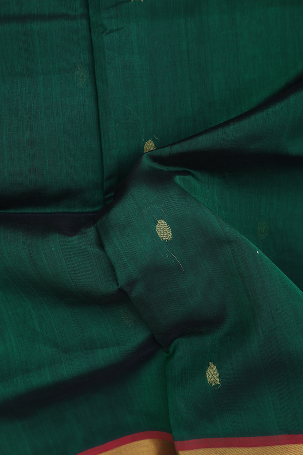 Silk Cotton Saree In Dark Green With Rudraksh Buttas