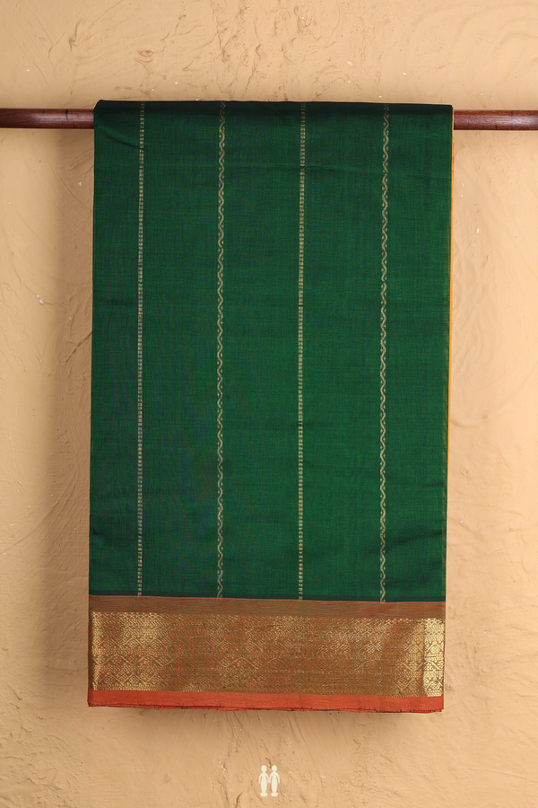 Silk Cotton Saree In Dark Green With Stripes Design
