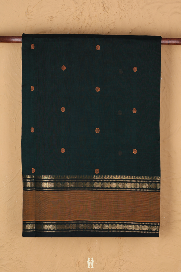 Silk Cotton Saree In Bottle Green With Threadwork Buttas