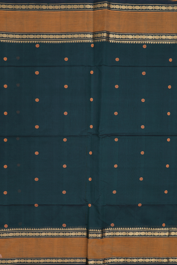 Silk Cotton Saree In Bottle Green With Threadwork Buttas