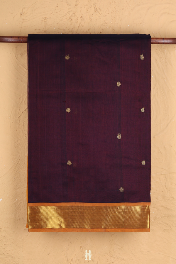 Silk Cotton Saree In Dark Oak Brown With Rudraksh Buttas